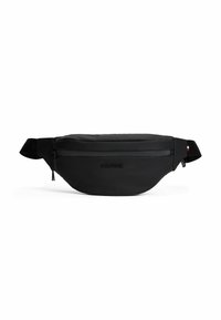 Marsupio nero realizzato in materiale liscio, con tasca anteriore con zip, dettaglio del logo e cintura regolabile per un indossamento facile.