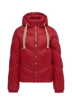 Rote wattierte Winterjacke mit Frontreißverschluss, Kapuze und beigen Kordeln, mit gesteppter Naht und elastischen Bündchen.