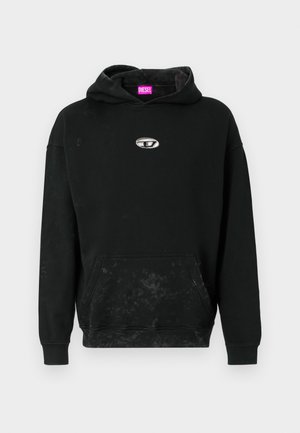 Black hoodie made of cotton blend, featuring a front kangaroo pocket, a silver logo accent, and a textured finish with subtle discoloration.