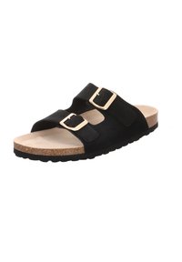 Schwarze Wildledersandalen mit zwei verstellbaren Riemen, Korkfußbett und einer strukturierten Gummisohle. Offenes Zehendesign mit leichter Bauweise.