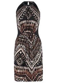 Robe sans manches dos nu avec motifs tribaux géométriques noirs, marron et blancs et taille cintrée.