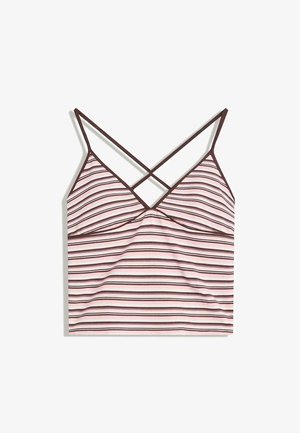 Top a righe con spalline sottili marroni. Presenta una combinazione di righe orizzontali rosa chiaro e burgundy, in morbido tessuto e con una vestibilità rilassata.