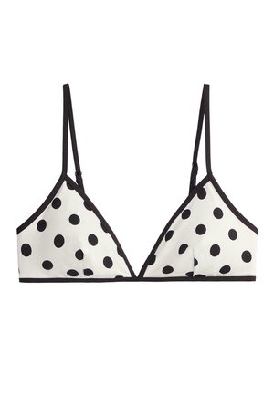 Witte triangelbralet met zwarte polkadots, dunne verstelbare zwarte bandjes en zwarte bies langs de randen.