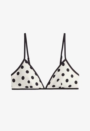 Valkoinen kolmionmuotoinen rintaliivitoppi, jossa mustia pallokuvioita, ohuet säädettävät mustat olkaimet ja musta reunus reunoissa.