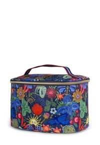 Ronde tas met bloemenpatroon, een gouden rits, een blauwe basis en kleurrijke plant ontwerpen. Voorzien van een rode en blauwe handgreep voor eenvoudig dragen.