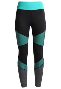 Černé legíny s širokým tyrkysovým pasem, síťovinovými akcenty v tyrkysové na stehnech a šedým panelem na spodní části.