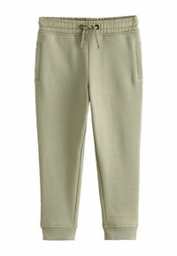 Pantaloni de trening de culoare verde măsliniu deschis, din amestec de bumbac, cu talie elastică, șnur reglabil și buzunare laterale. Manșete ribbate la glezne.