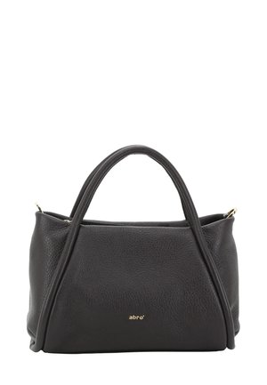Black leather handbag with a textured finish, featuring two short handles and a subtle gold logo on the front. Compact and structured design.