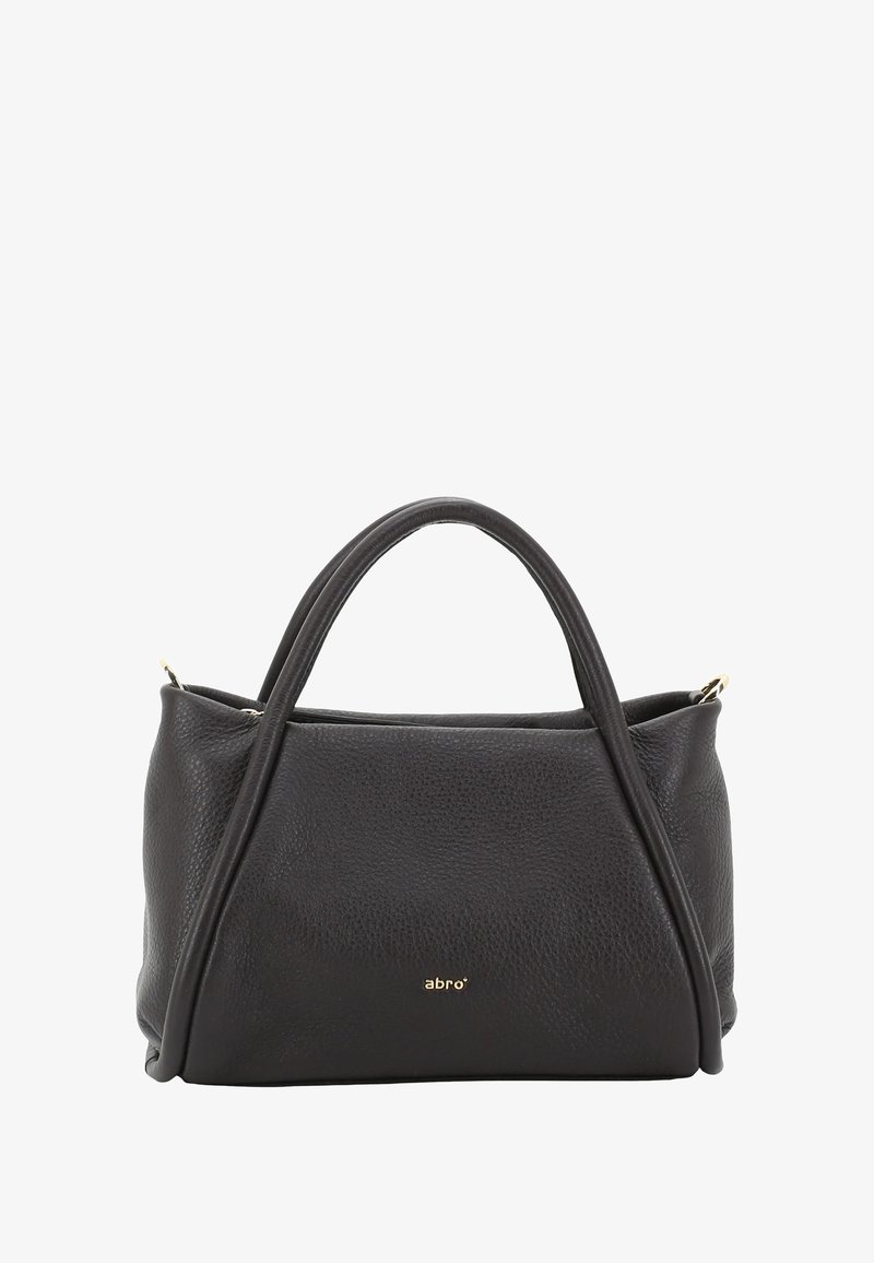 Black leather handbag with a textured finish, featuring two short handles and a subtle gold logo on the front. Compact and structured design.