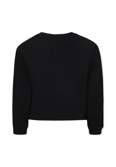 Felpa nera corta con maniche lunghe, scollatura rotonda e polsini a coste. Realizzata in tessuto morbido, presenta una superficie liscia e un design semplice.