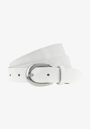 White leather belt with a shiny silver oval buckle, featuring a smooth texture and several belt holes for adjustable sizing.