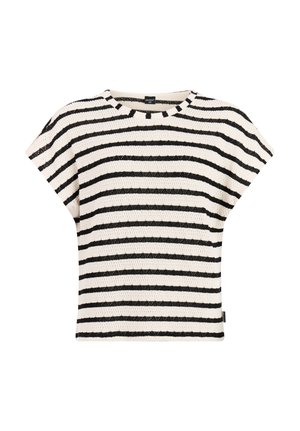 Witte gebreide top met korte mouwen, met zwarte horizontale strepen en een ronde hals.