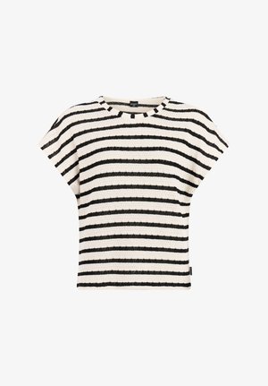 Witte gebreide top met korte mouwen, met zwarte horizontale strepen en een ronde hals.