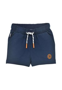 Shorts di cotone blu navy con vita elastica, coulisse bianca con punte arancioni, due tasche laterali e un'etichetta con il marchio sulla parte anteriore inferiore.
