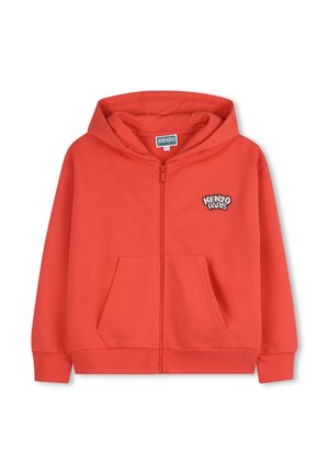 Sweat à capuche rouge zippé avec poches avant, capuche attachée et logo "Kenzo Paris" brodé sur le côté gauche de la poitrine.