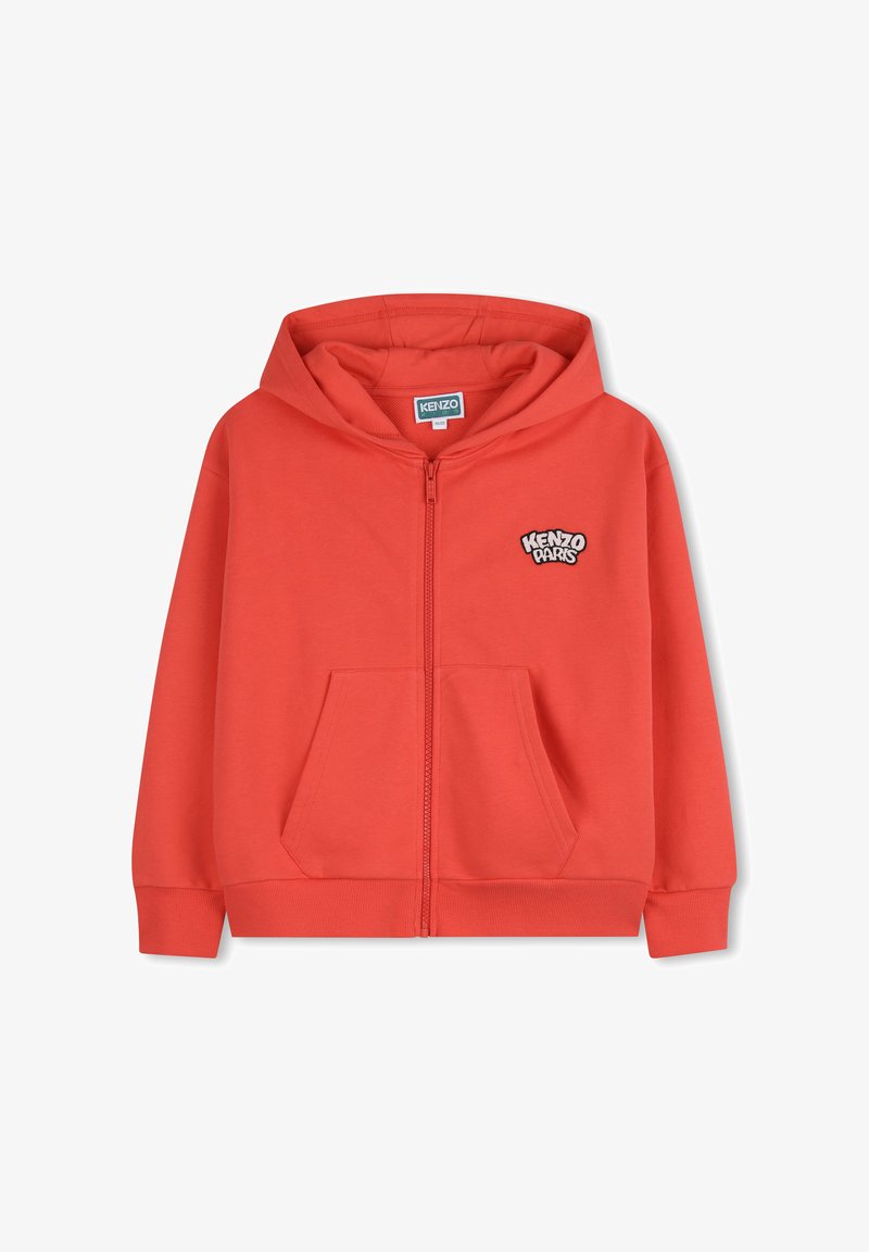 Sweat à capuche rouge zippé avec poches avant, capuche attachée et logo "Kenzo Paris" brodé sur le côté gauche de la poitrine.