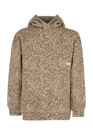 Brauner Hoodie mit Muster, Kängurutasche, gerippten Bündchen und Saum sowie kleinem Logo auf der Brust. Weicher Stoff mit strukturiertem Design.