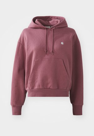 Burgunderfarbener Hoodie aus Baumwollmischung, mit einer vorderen Kängurutasche, verstellbarem Kordelzugkapuze und gerippten Bündchen und Saum. Kleines Logo auf der Brust.