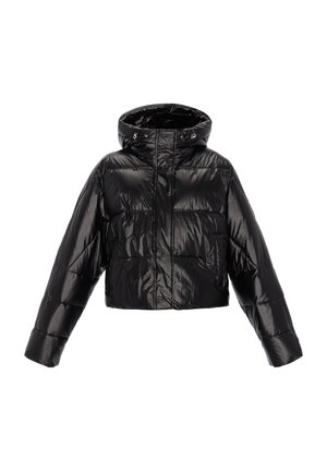 Czarna kurtka puchowa z błyszczącym wykończeniem, krótki fason, oversize, kaptur oraz zatrzaski z przodu i na kieszeniach.