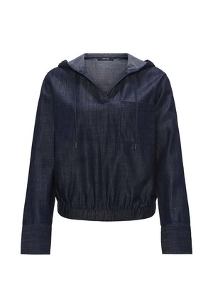 Pullover con cappuccio in denim scuro, caratterizzato da un collo a V, tasca frontale, orlo elasticizzato e maniche lunghe con dettagli a polsino. Texture liscia e design casual.