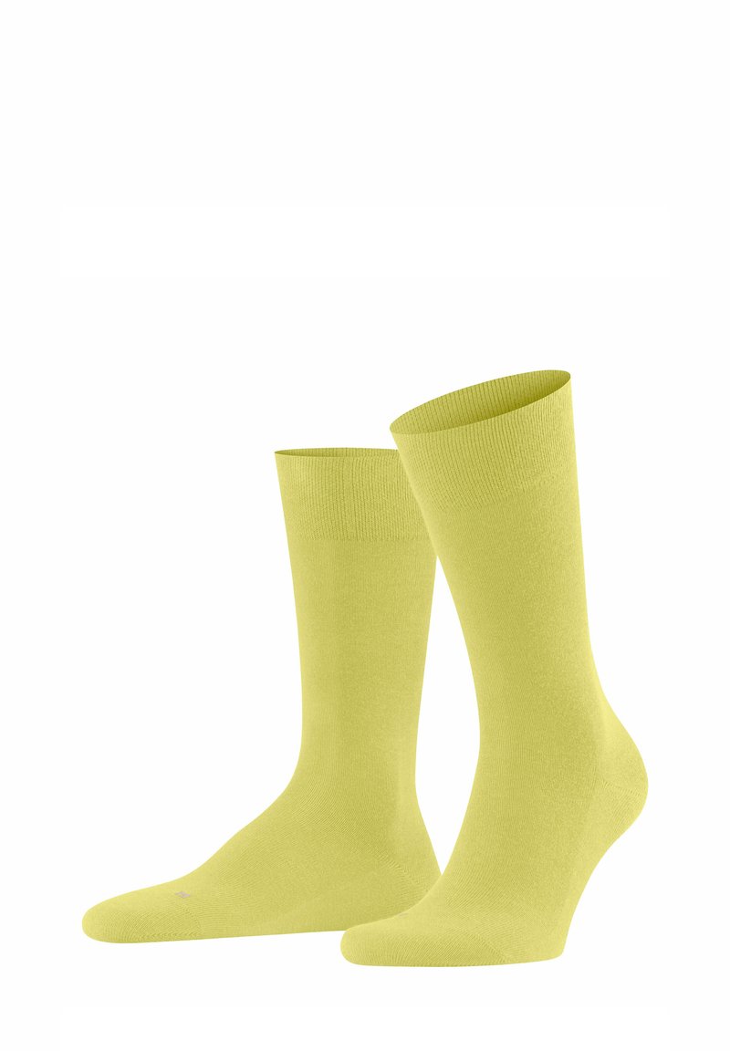 Gelbe Baumwollsocken mit einem gerippten Bündchen, mittlerer Höhe, glatter Textur und ohne sichtbare Muster oder Verzierungen.
