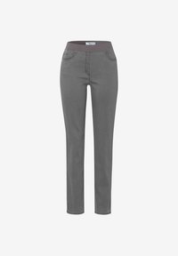 Pantalon gris au design ajusté, avec une taille foncée, des poches avant et une texture lisse.