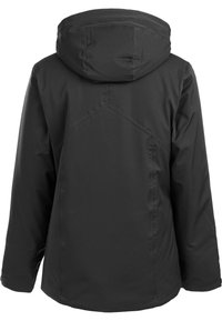 Black waterproof jacket with a hood. Features a smooth texture and angled seam details. Simple, functional design with no visible hardware.