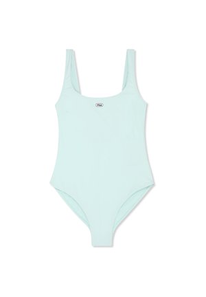 Vaaleansininen yhden osan uimapuku leveillä olkaimilla ja pienellä FILA-logolla keskellä rintaa.