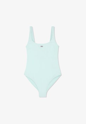 Vaaleansininen yhden osan uimapuku leveillä olkaimilla ja pienellä FILA-logolla keskellä rintaa.