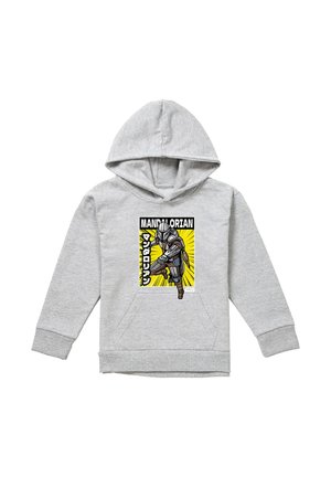 Light gray hoodie with a colorful graphic of a Mandalorian character in armor against a yellow burst background and Japanese text.