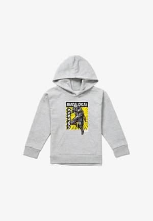 Hellgrauer Hoodie mit einem bunten Motiv eines Mandalorian-Charakters in Rüstung vor einem gelben Explosionshintergrund und japanischem Text.