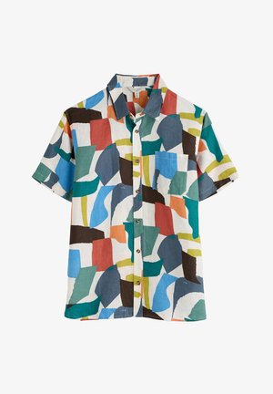 Camisa de botones de manga corta con un patrón abstracto multicolor en tela ligera, con un bolsillo en el pecho y dobladillo redondeado.