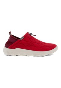 Red quilted slip-on shoes with a white textured sole, elasticized collar, and minimal hardware for easy wear. Ideal for casual comfort.