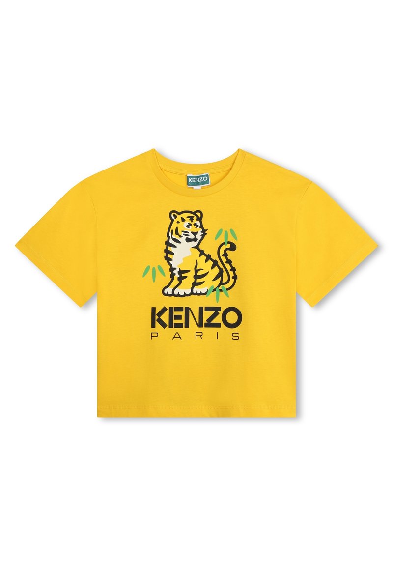 T-shirt gialla in cotone con grafica di una tigre bianca e nera dai dettagli verdi, impreziosita con "KENZO PARIS" in bold nero.