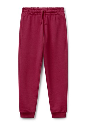 Pantaloni jogger bordeaux con vita elastica, cordino regolabile, tasche laterali e polsini a costine sulle caviglie.