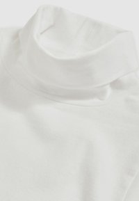 Valge kõrge kaelusega turtleneck-särk, mis on valmistatud pehmest puuvillast, sileda tekstuuriga ja ilma nähtavate mustrite või riistade detailideta.