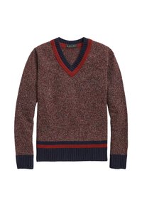 V-Ausschnitt Pullover mit einem melierten Rot- und Marineblau-Muster, gerippten Bündchen und Saum; mit kontrastierendem roten und marineblauen Besatz am Ausschnitt und Saum.