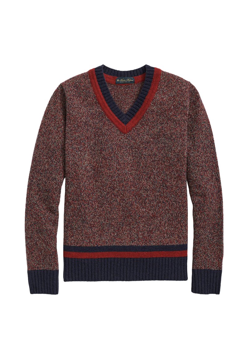 V-Ausschnitt Pullover mit einem melierten Rot- und Marineblau-Muster, gerippten Bündchen und Saum; mit kontrastierendem roten und marineblauen Besatz am Ausschnitt und Saum.