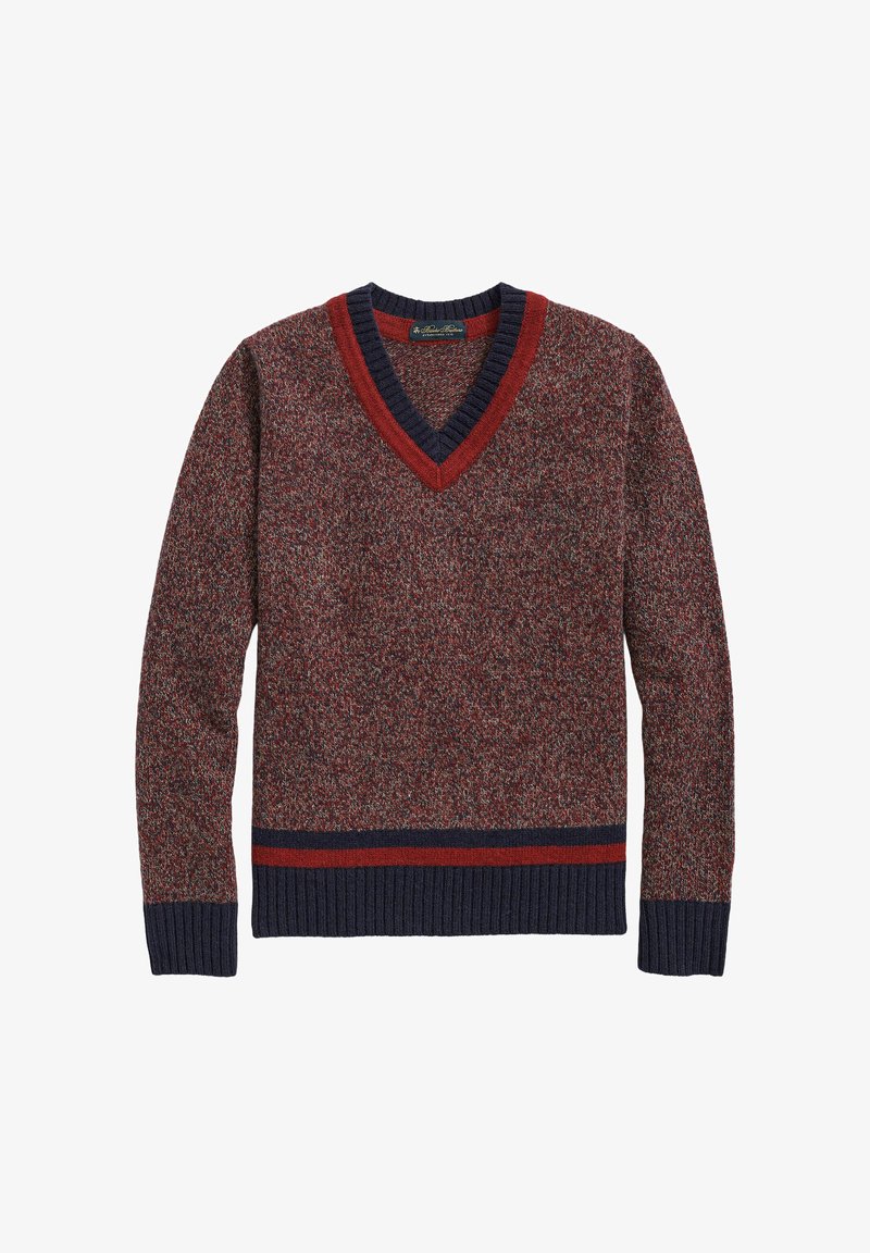 V-Ausschnitt Pullover mit einem melierten Rot- und Marineblau-Muster, gerippten Bündchen und Saum; mit kontrastierendem roten und marineblauen Besatz am Ausschnitt und Saum.