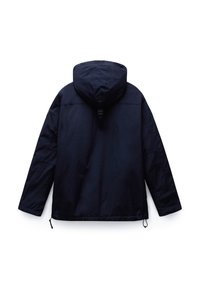 Dunkel marineblaue Kapuzenjacke mit langen Ärmeln, verstellbaren Kordeln am Saum und einer Schlaufe auf der Rückseite der Kapuze, von hinten gezeigt.