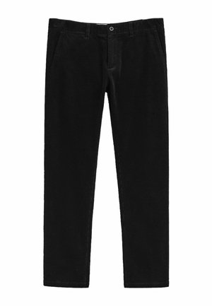 Schwarze Cordhosen mit geradem Bein, ausgestattet mit einem Knopfverschluss, seitlichen Taschen und einem weichen, strukturierten Stoff.