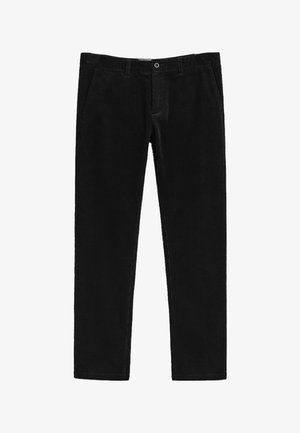 Schwarze Cordhosen mit geradem Bein, ausgestattet mit einem Knopfverschluss, seitlichen Taschen und einem weichen, strukturierten Stoff.