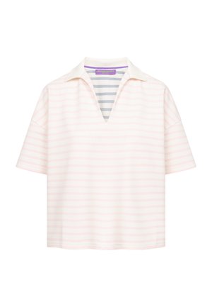 Short-sleeve white shirt with pale pink horizontal stripes, open V-neck collar, and visible gray and white striped inner lining.