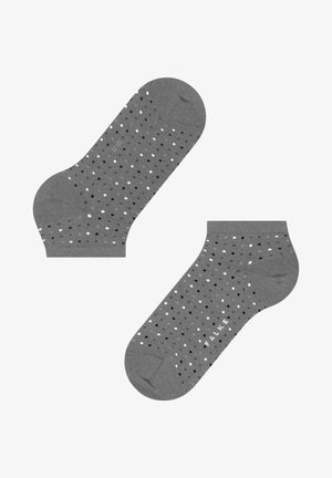 Chaussettes de cheville grises avec des pois de différentes tailles en blanc, noir et vert. Tissu doux avec une texture lisse et un talon renforcé.