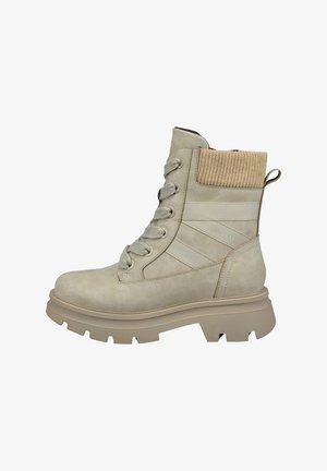 Beiger Knöchelstiefel mit strukturiertem Obermaterial, Schnürverschluss und geripptem Kragen. Verfügt über eine dicke, robuste Sohle für zusätzlichen Halt und Langlebigkeit.