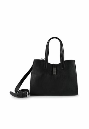 Črna usnjena torbica z dvema kratkima ročajema, odstranljivim dolgim pasom in srebrnim sredinskim zaponkom na belem ozadju.