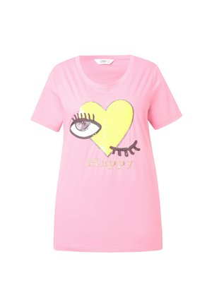 T-shirt en coton rose avec un grand cœur jaune et un graphique d'œil en sequins, avec le mot "Happy" en doré en dessous. Manches courtes et col rond.