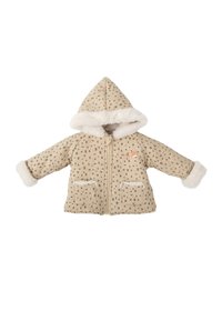 Chaqueta con capucha para niño pequeño en color beige con un patrón de cuadrados grises, borde de piel sintética blanca en la capucha y los puños, dos bolsillos frontales y un pequeño parche de zorro.