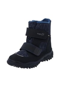Stivaletti per bambini neri e blu con un motivo geometrico, due cinturini in Velcro regolabili e una suola robusta per la trazione. Fodera interna per il calore.