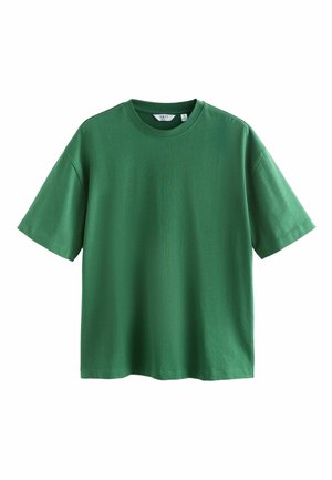 Grünes Baumwoll-T-Shirt mit kurzen Ärmeln, Rundhalsausschnitt und lässiger Passform. Glatte Textur und schlichtes Design, geeignet für den Freizeitlook.